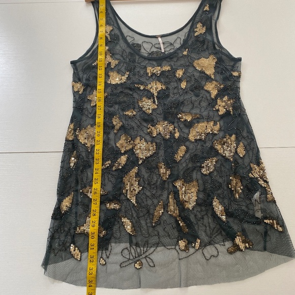 Free People NWOT Embellished Mesh Green Gold Beaded Sequin Tank Tunic Medium - Picture 11 of 12